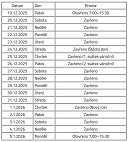 Provozní doba během vánočních svátků a na přelomu roku 2025/2026